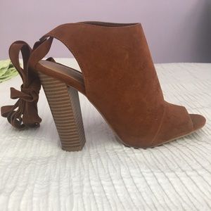 Cognac faux suede block heel ankle wrap sandals